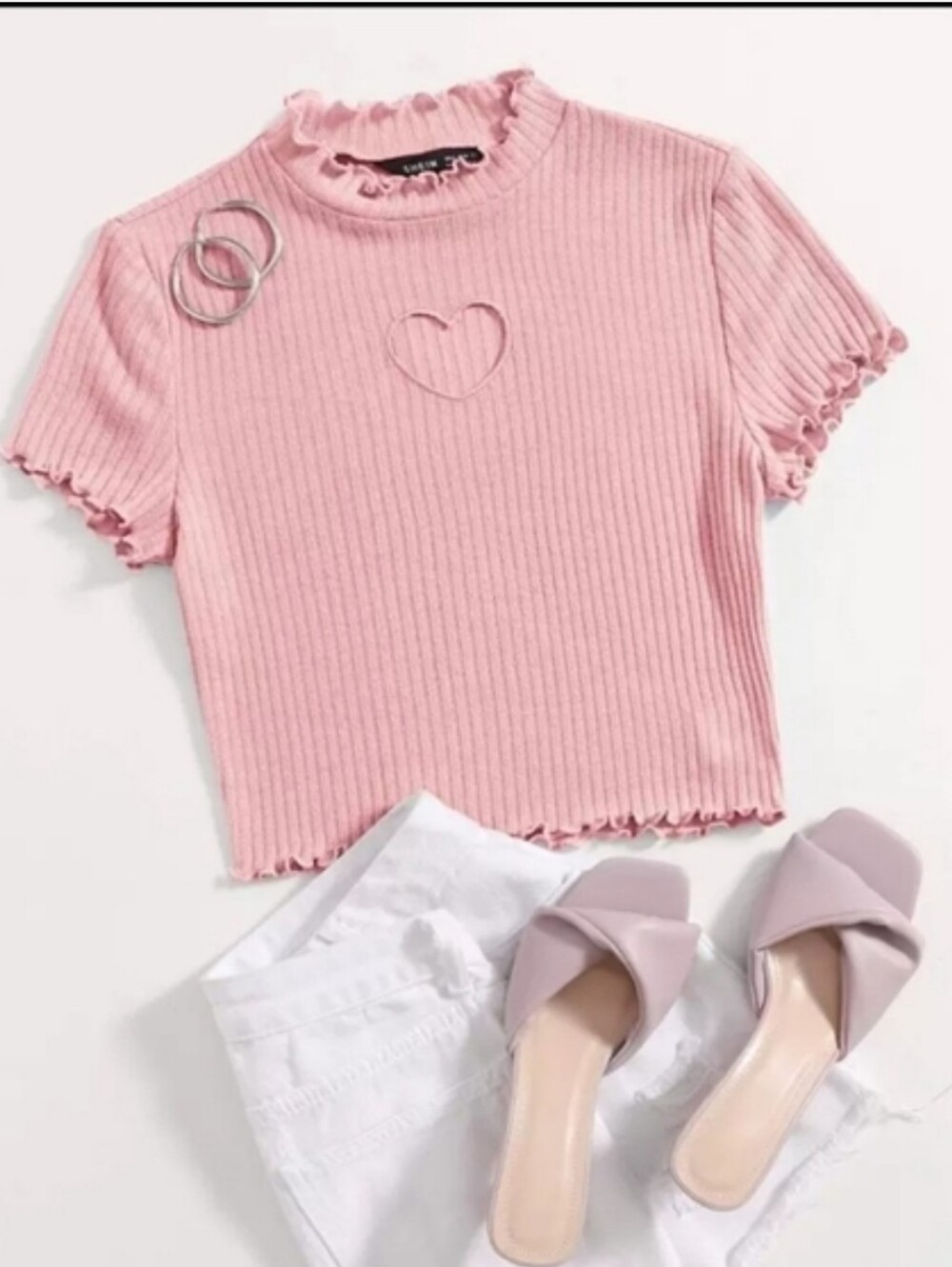 NWOT SHEIN Pink Ribbed Lettuce Edge Crop Top with Heart Cutout